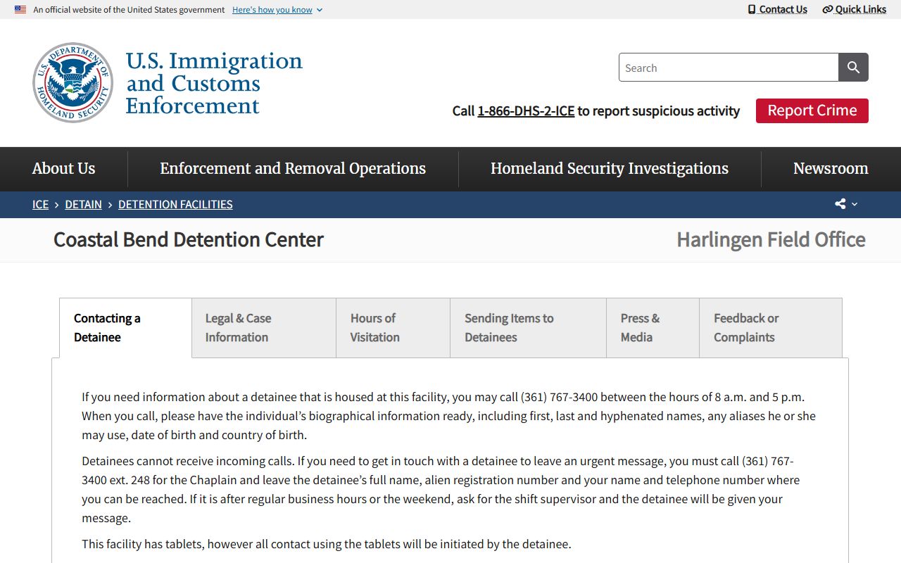 ICE Coastal Bend Detention Center detention facility page
